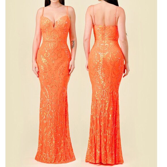 Neon Orange Sequined Formal Prom Evening Mermaid Dress 6 - Picture 3 of 4